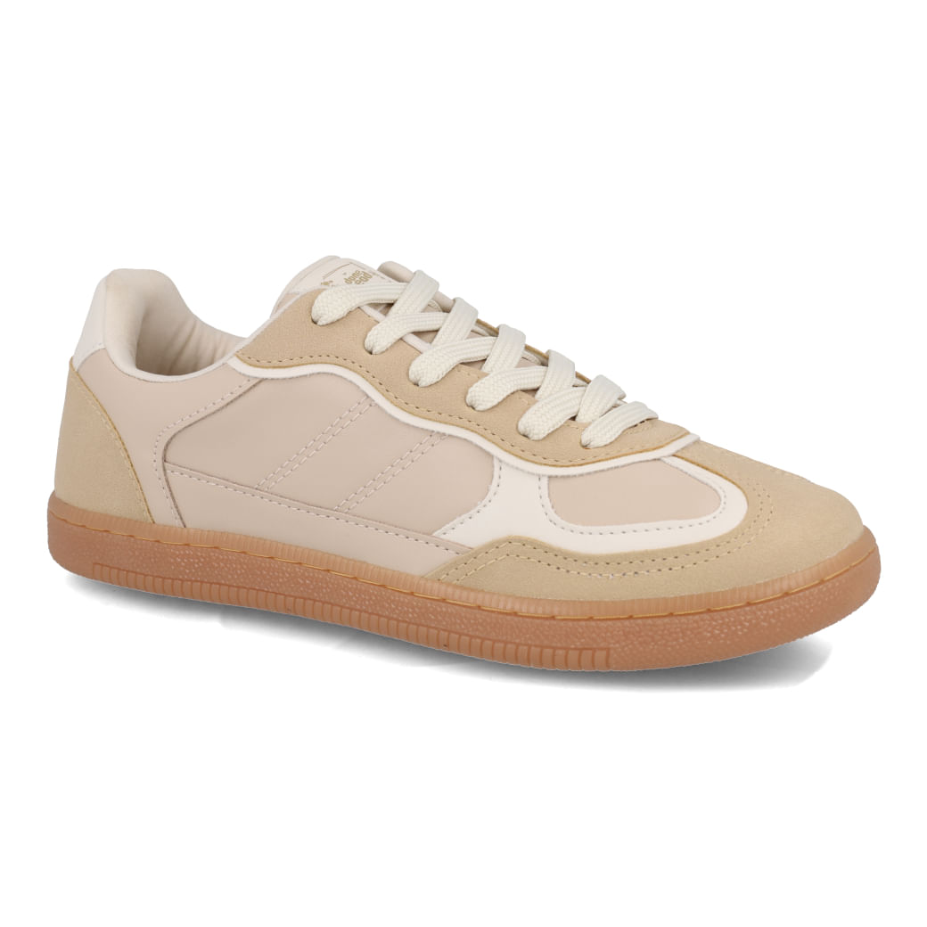 Tênis casual feminino bege com detalhes em crepe sintético visto de lado